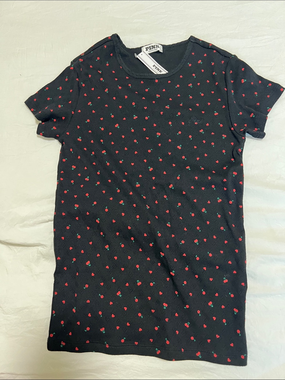 PINK Victoria's Secret Black Short Sleeve Tee with Red Cherry Print